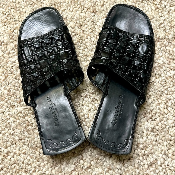 Cole Haan Shoes Woven Black Leather Slide Slip - Picture 1 of 5